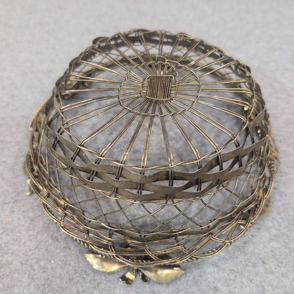Vintage Silver Tone Woven Wire Basket with Enameled Flowers and Swing Handle - Picture 7 of 7